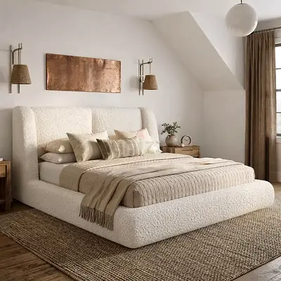 Low-profile upholstered king bed with padded headboard -