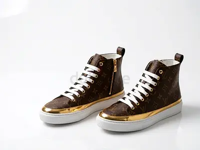 Brown Designer Monogram High-Top Sneakers with Gold Trim, Size Available