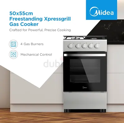 Midea 50x55cm Cooker, Full Gas Cooking Range With 4 Burners, Silver