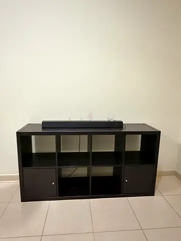 Black modular TV unit with shelving - good condition