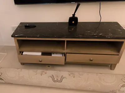 High quality Wooden TV Console with Marble Top and Drawers - Light Oak