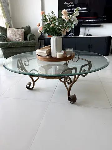 Glass Top Coffee Table with Wrought Iron Base