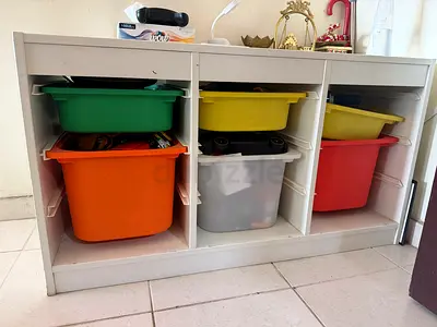 White Storage Cabinet with Plastic Bins - 3 Sections
