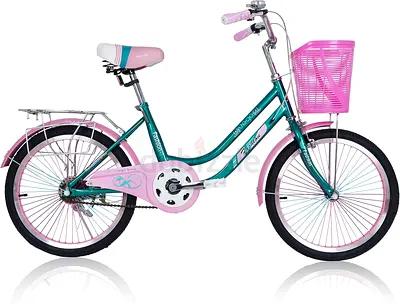 Mint green and pink girls' 20-inch city cruiser bike with basket