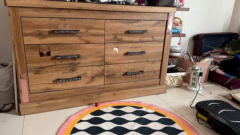 One double  bad, night side table, Wooden 6-drawer Dresser in Good Condition, bed needs some fixing