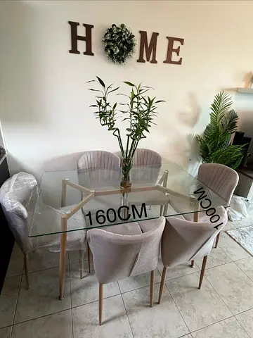 Glass Dining Table 160cm with 6 Upholstered Chairs - Flawless Condition