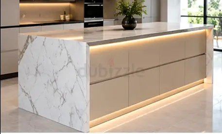 Modern Marble Kitchen Island with Storage and Under-Counter Lighting