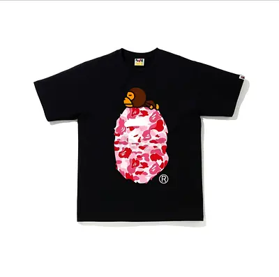 Black BAPE tee with pink camo Ape Head logo, all size available