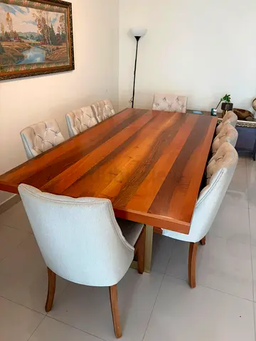 Solid Wood Dining Table with 8 Upholstered Chairs - Clear Finish