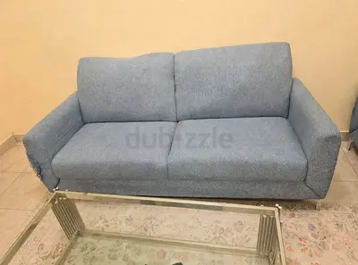 Light blue 3+2+1 Seater Sofa and Glass table