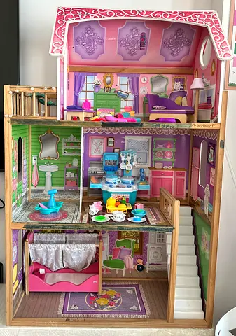 Wooden 3-Storey Dollhouse with Furniture and Accessories
