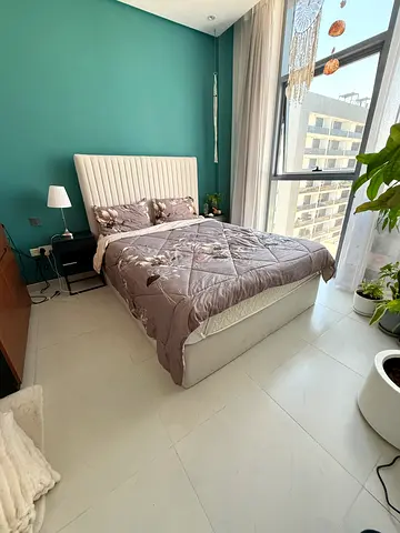 Queen size bed frame with upholstered headboard - good condition -with mattress with 2 stands