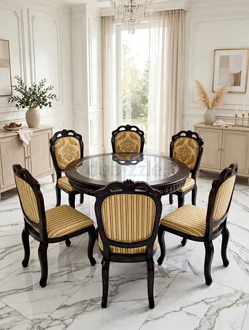 Royal Victorian 6-Seater Round Dining Set + Glass Top - Luxury