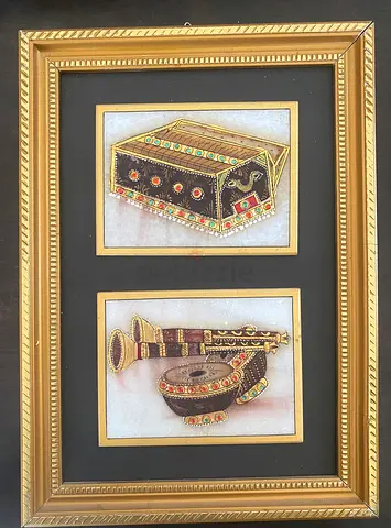Framed Indian Miniature hand Paintings of Musical Instruments on marble by Indian artist.