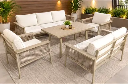 Outdoor 6-Seater Patio Sofa Set with Cushions and Coffee Table - Light Wood Finish