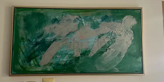 Original Abstract Green & White Acrylic Painting - Framed Wall Art