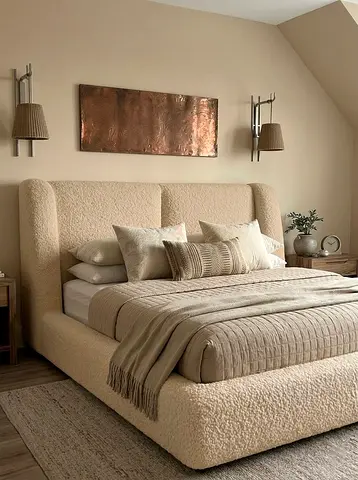 Beige Upholstered Platform Bed with Padded Headboard