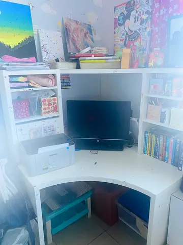 White corner study desk with built-in shelves — used, good condition