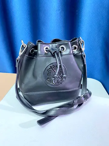 Black Faux Leather Drawstring Bucket Bag