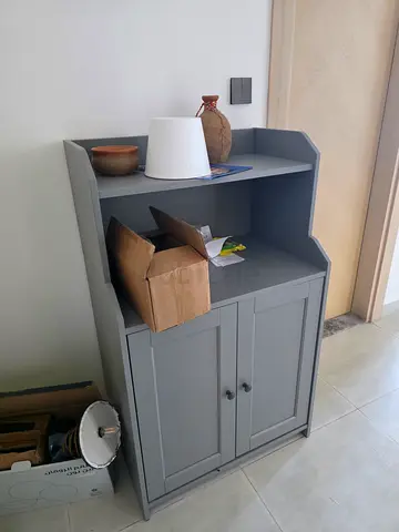 Grey wooden storage cabinet with shelves and cupboard - good condition