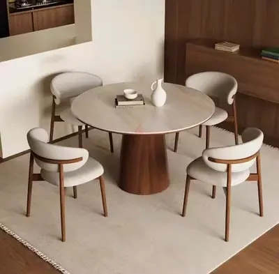 Round Marble top wood base  Dining Table with 4 Upholstered Chairs
