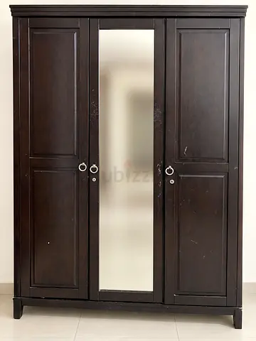 Dark Wood 3-Door Wardrobe with Center Mirror