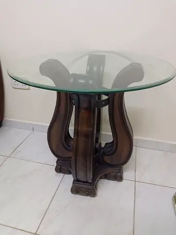 2 Round Glass Top Side Table with Dark Wood Curved Base