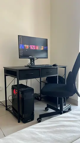 Black Metal Writing Desk with Drawers and Side Shelves