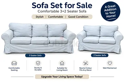 3+2 Seater Sofa Set - Light Grey Slipcover, Good Condition