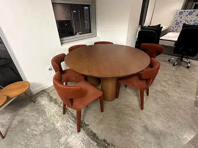 Solid Wood Round Dining Table with 6 Upholstered Chairs - Good Condition