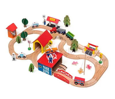 Wooden Train Set with Tracks, Vehicles and Accessories - Complete Playset
