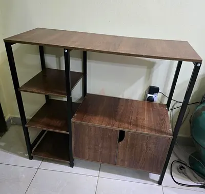 Compact wooden TV stand / media console with shelves and cabinet