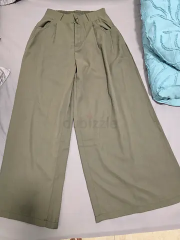 Olive Green High-Waisted Wide-Leg Trousers