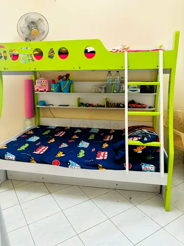 Kids Lime Green Bunk Bed with Built-in Shelving