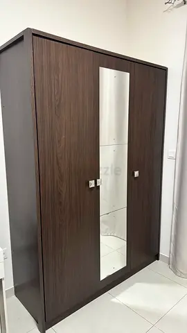 Dark Wood 3-Door Wardrobe with Center Mirror - Good Condition