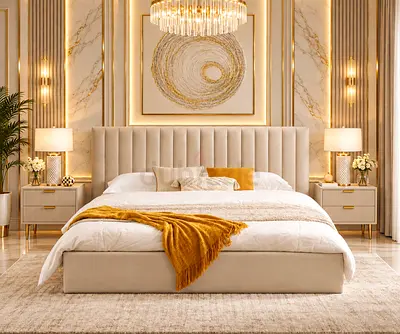 New Modern upholstered queen bed with padded headboard - beige Queen size bed with storage bed