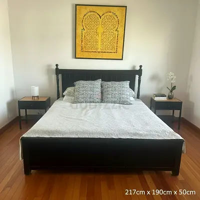 Black Wooden Double Bed Frame with Headboard (217 x 190 x 50 cm) and mattress
