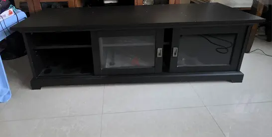 Black Wooden TV Stand with Sliding Glass Doors - Good Condition