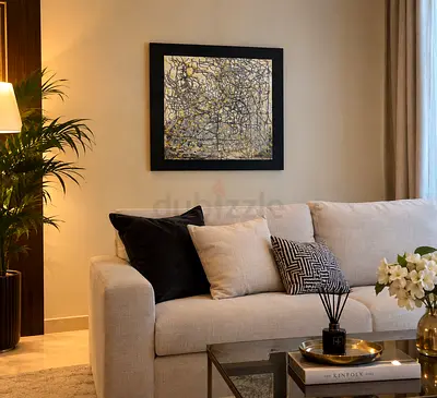 Elegant Textured Abstract Painting – Black, Grey & Gold – Framed