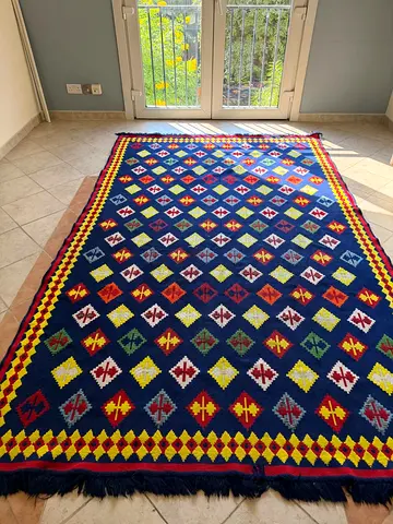 Handwoven Colorful Geometric Wool Rug - Large Blue Kilim Style