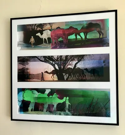 Picture Framed with Camel Caravan Triptych Artwork - Colorful Desert Silhouettes