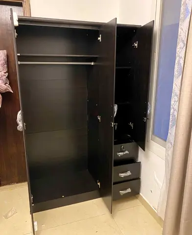Dark Wood 3-Door Wardrobe with Drawers and Hanging Rail