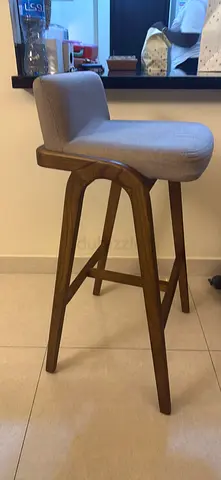 Mid-century wooden bar stool with grey upholstered seat from Ebarza x2.