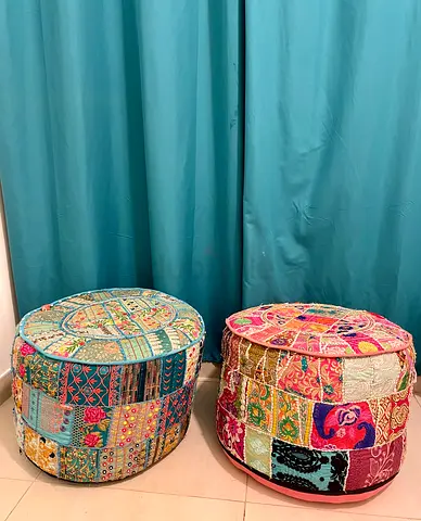 Pair of Round Patchwork Poufs / Floor Ottomans