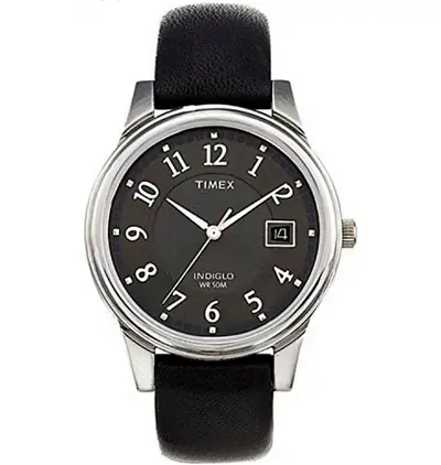 Timex Indiglo unisex Black Leather Strap Watch - Classic Analog, Date