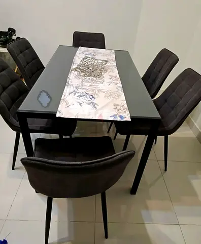 Black Glass Top Dining Table with 6 Upholstered Chairs