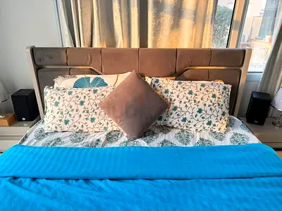Full set of King size upholstered bed with padded headboard & IKEA mattress, ++++ good condition +++