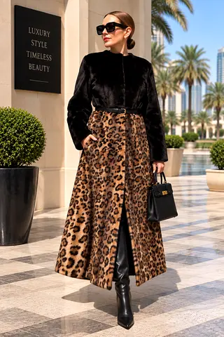 Manakas Furs Leopard Print & Black Mink Fur Coat - Made in Europe, Excellent Condition