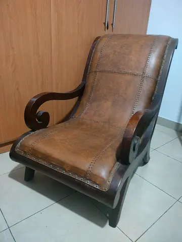 2x Vintage Brown Leather Wooden Low Lounge Chairs (Pair)