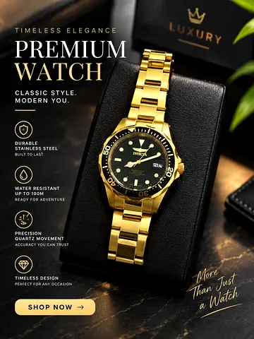 Gold Stainless Steel Men's Watch - Classic Dive Style